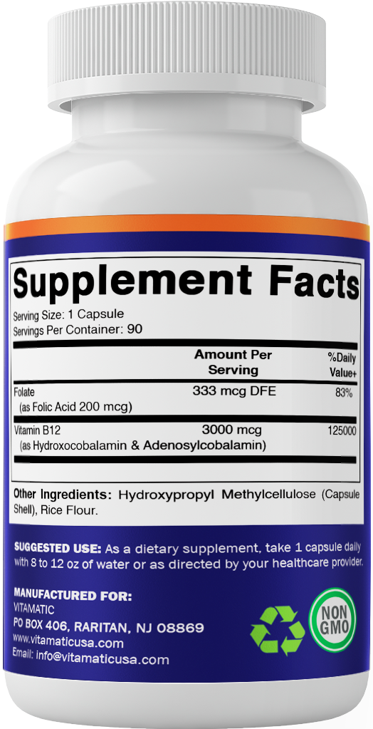 Vitamatic Adenosylcobalamin Hydroxocobalamin B12-3000 mcg with Folic Acid - 90 Capsules