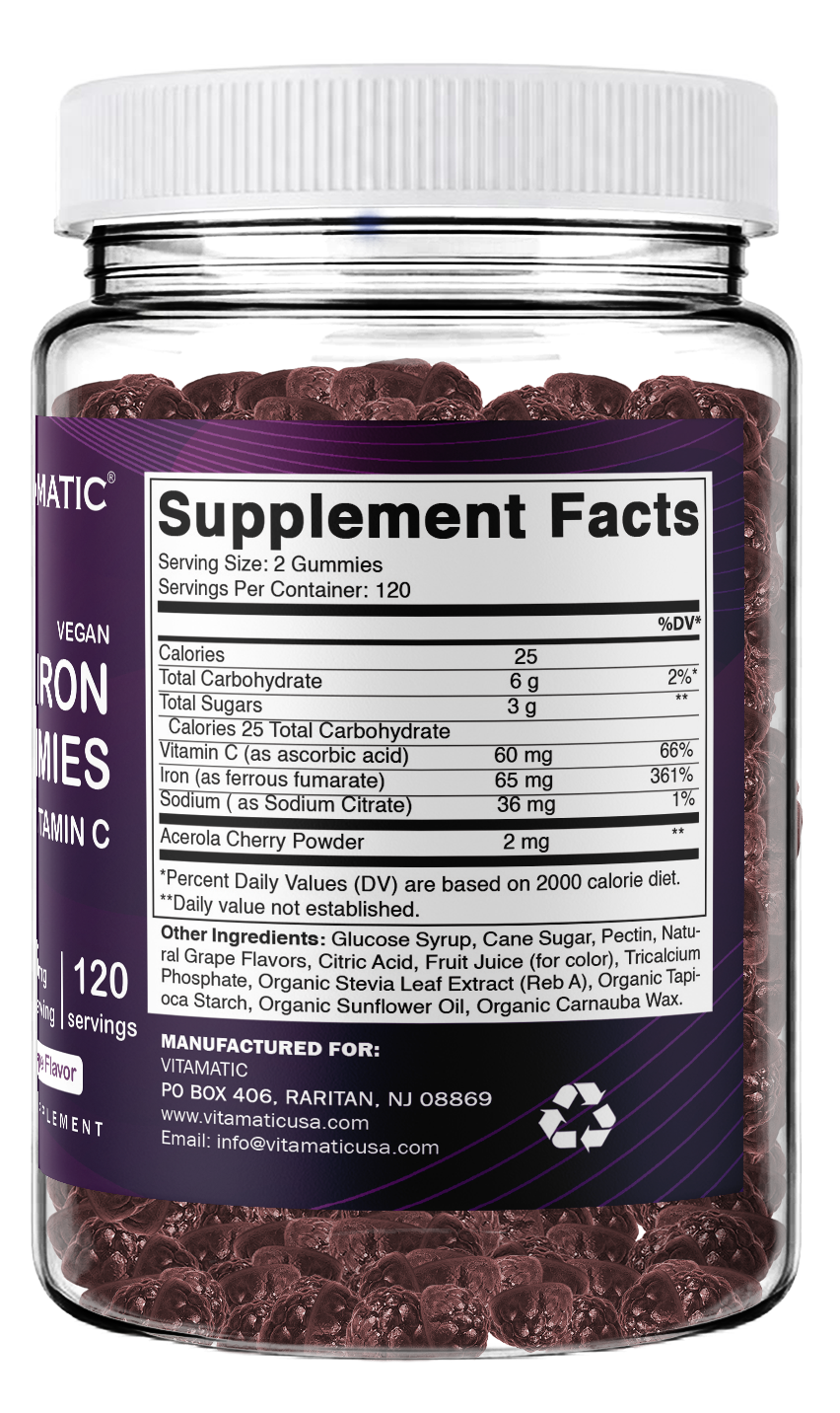 Vitamatic Iron 65mg Per Serving Gummies for Women & Men, 240 Count