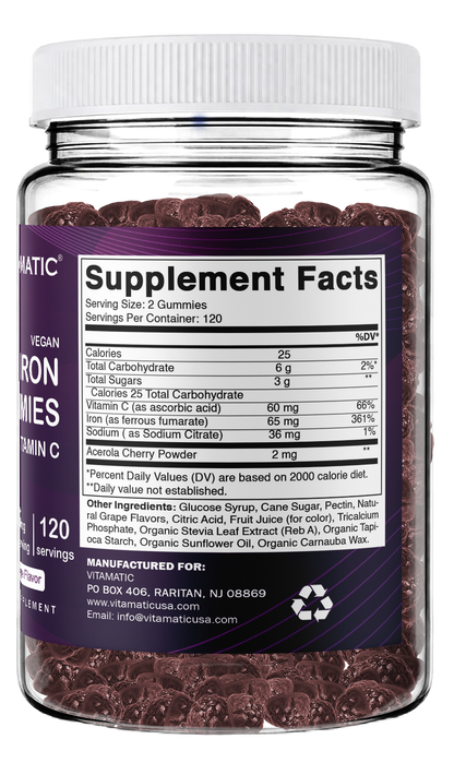 Vitamatic Iron 65mg Per Serving Gummies for Women & Men, 240 Count