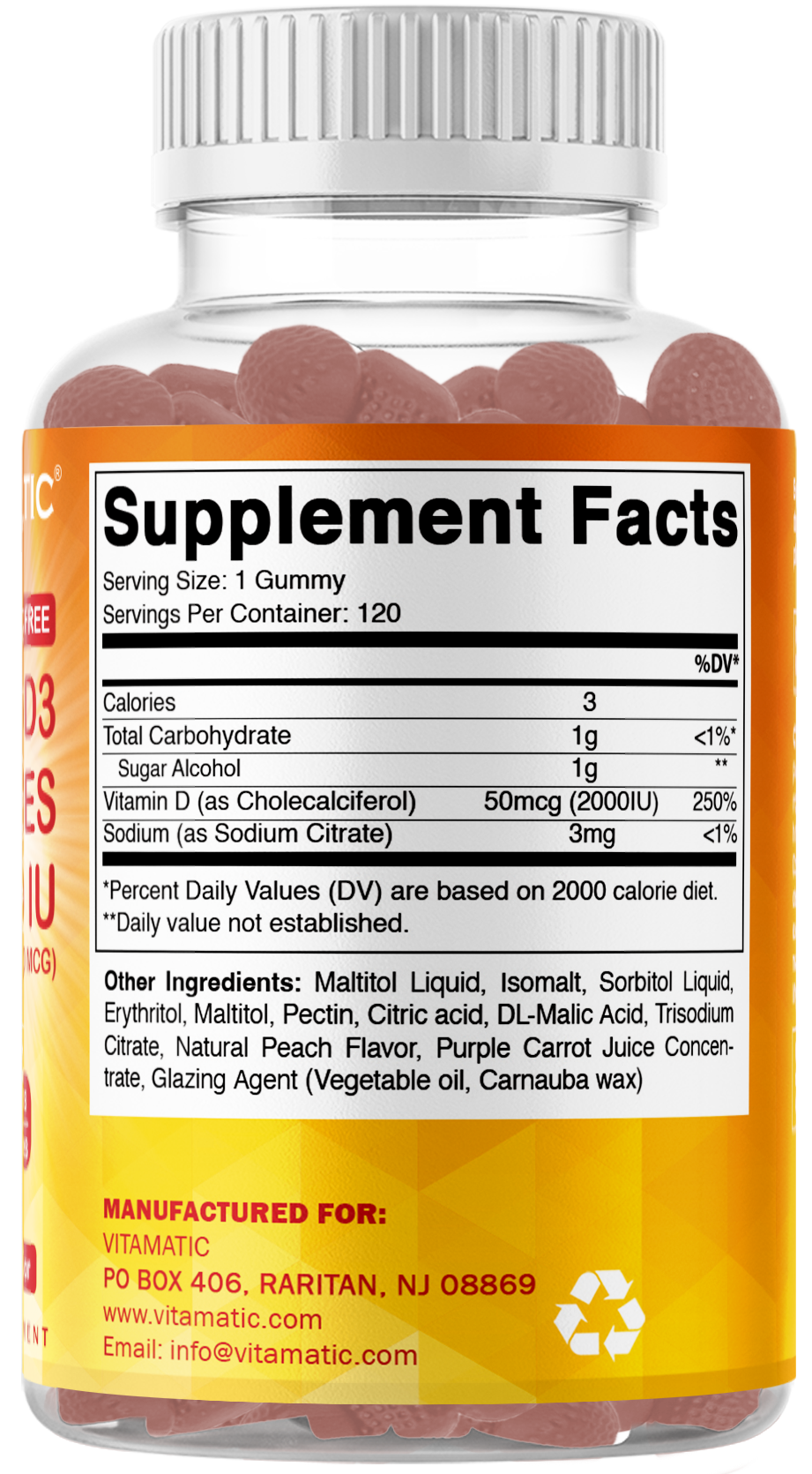 Vitamatic Sugar-Free Vitamin D3 2000 IU, 120 Gummies
