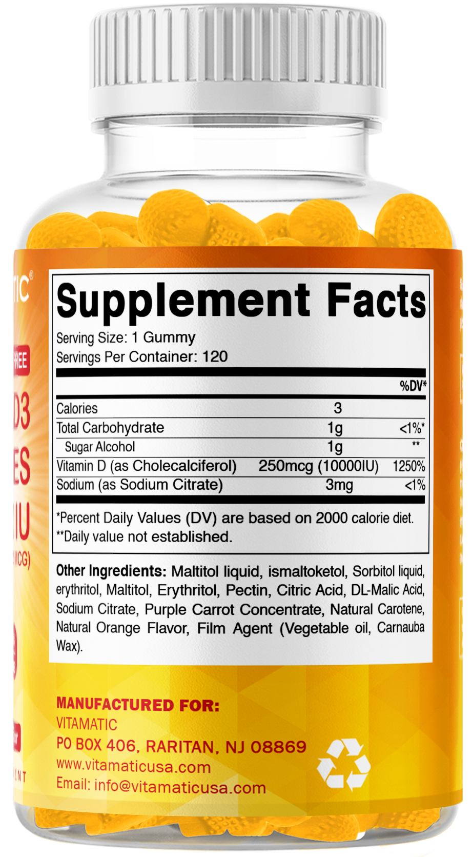 Vitamatic Sugar-Free Vitamin D3 10000 IU, 120 Gummies