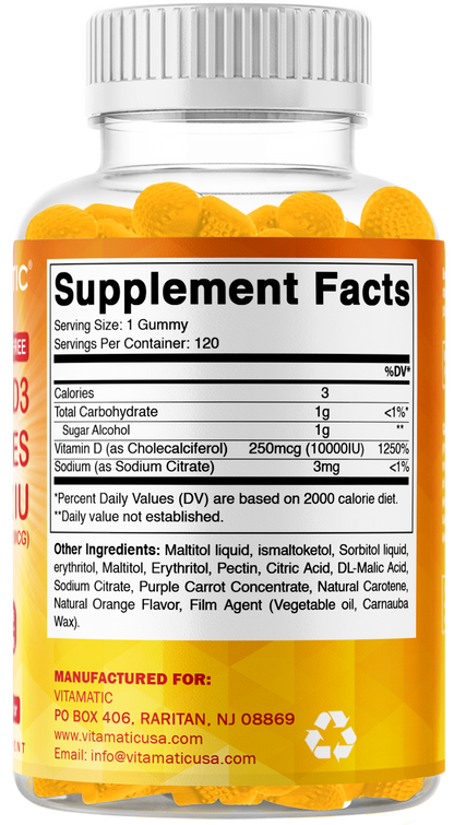 Vitamatic Sugar-Free Vitamin D3 10000 IU, 120 Gummies