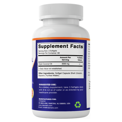 Virgin Coconut Oil 3000mg Per Serving, 180 Softgels