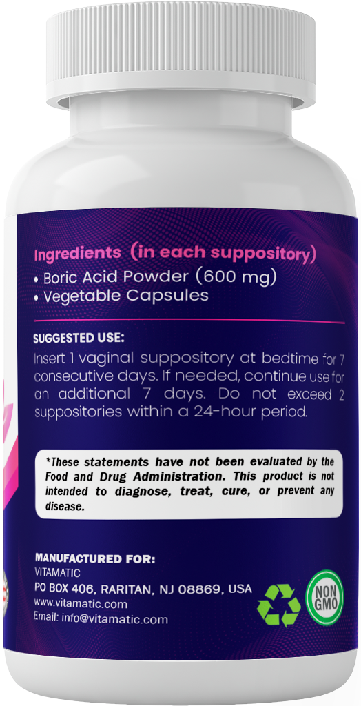 Vitamatic Boric Acid 600 mg Vaginal Suppositories – Ingredients Suggested Use and Product Label