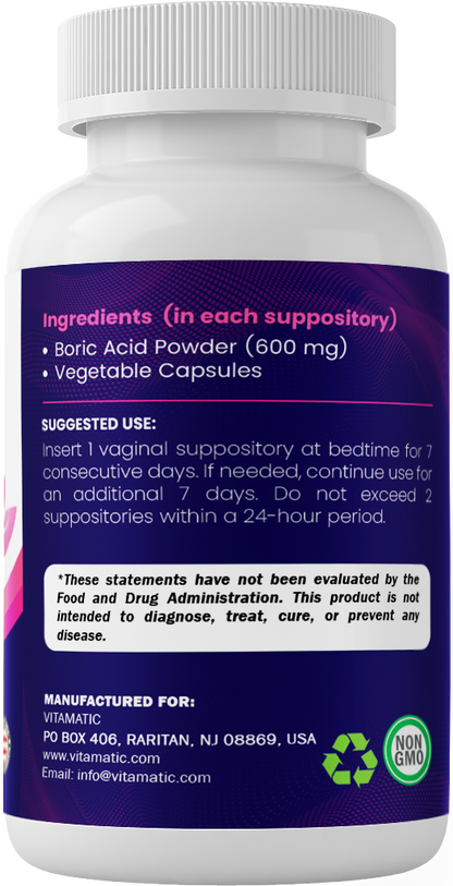 Vitamatic Boric Acid 600 mg Vaginal Suppositories – Ingredients Suggested Use and Product Label