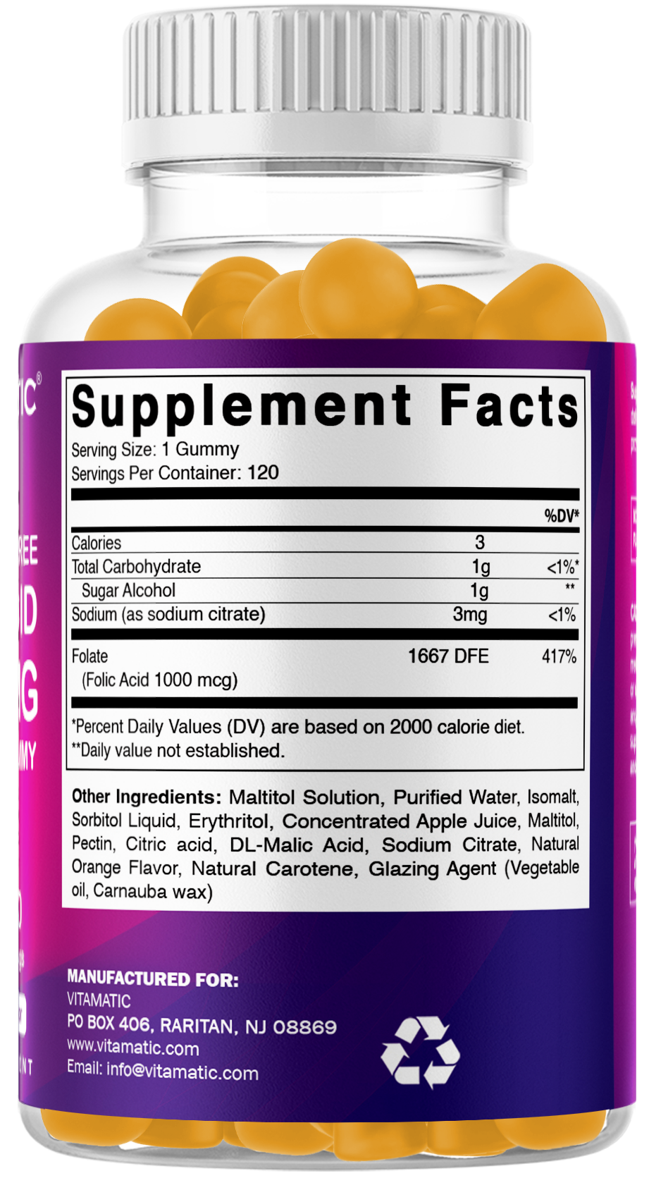 Vitamatic Sugar-Free Folic Acid 1mg, 120 Gummies