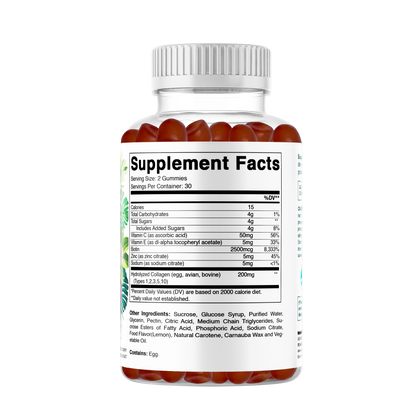Hydrolyzed Collagen Gummies with Vitamin C, Zinc and Biotin, 200mg - 60 Gummies