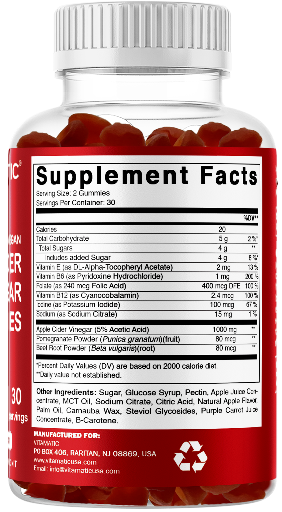 Vitamatic Apple Cider Vinegar 1000mg per Serving, 60 Vegan Gummies