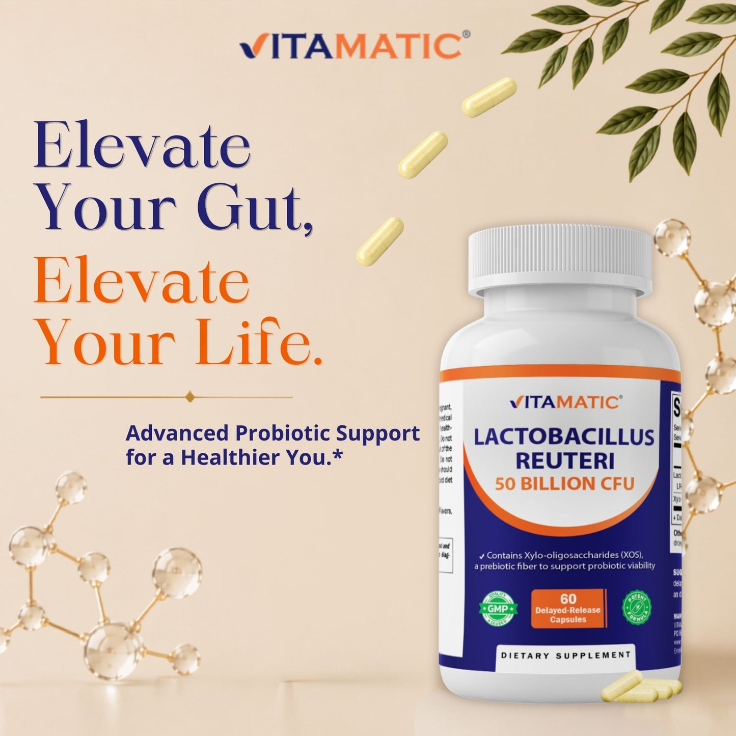 Vitamatic Lactobacillus Reuteri 50 Billion CFU with XOS Prebiotic, 60 Delayed Release Capsules
