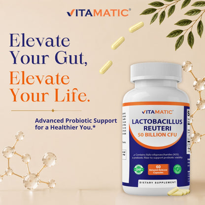 Vitamatic Lactobacillus Reuteri 50 Billion CFU with XOS Prebiotic, 60 Delayed Release Capsules