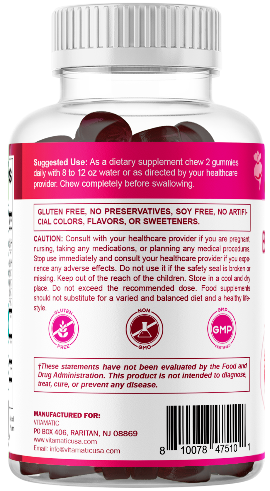Vitamatic Beet Root Gummies with B6, B12 + Grape Seed, 60ct