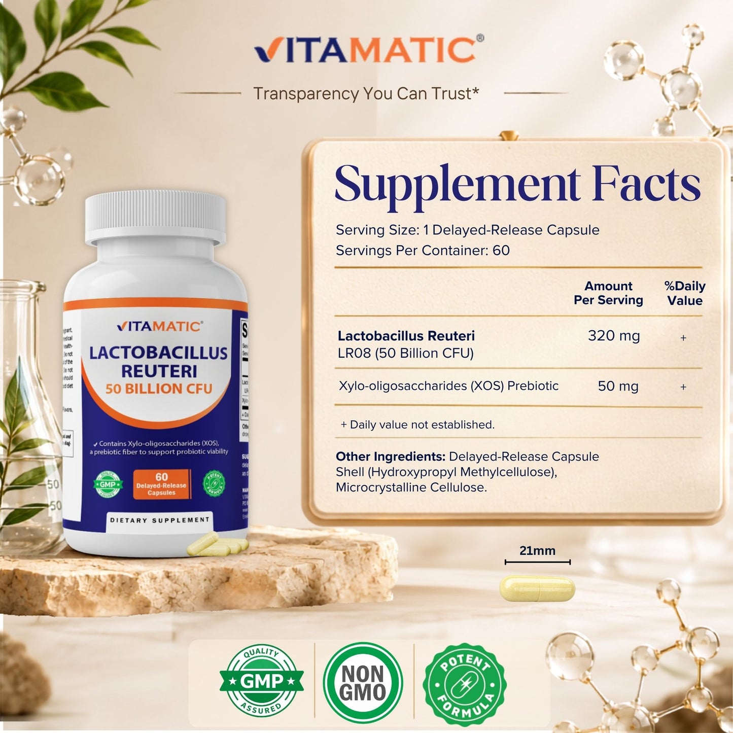 Vitamatic Lactobacillus Reuteri 50 Billion CFU with XOS Prebiotic, 60 Delayed Release Capsules