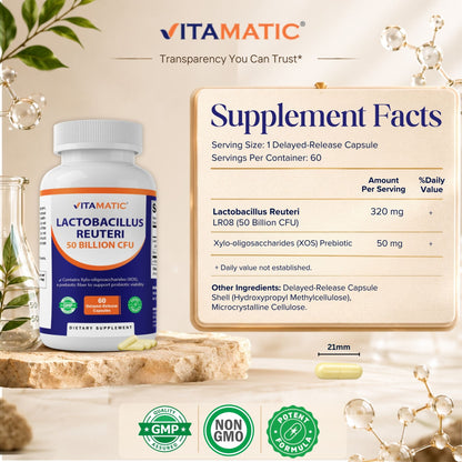 Vitamatic Lactobacillus Reuteri 50 Billion CFU with XOS Prebiotic, 60 Delayed Release Capsules