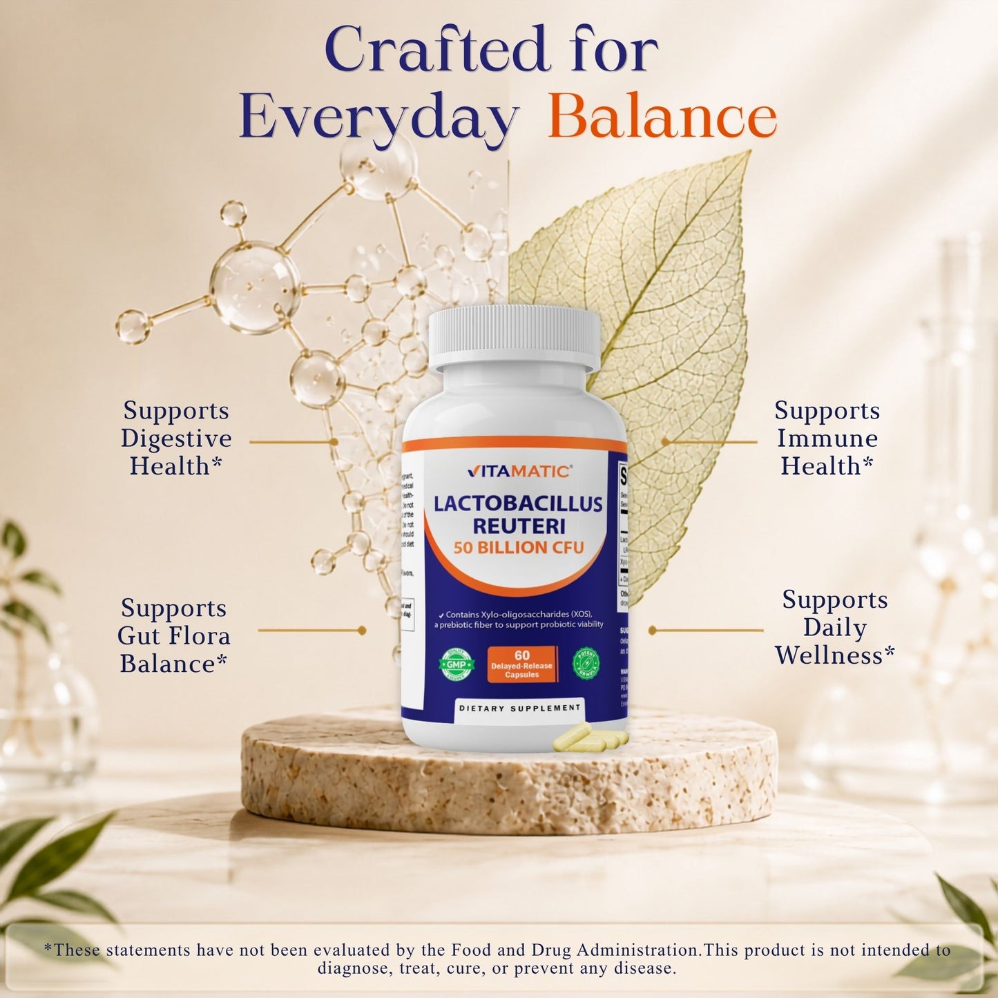 Vitamatic Lactobacillus Reuteri 50 Billion CFU with XOS Prebiotic, 60 Delayed Release Capsules