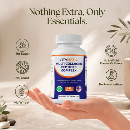 Vitamatic Multi Collagen Peptides Complex with Hyaluronic Acid, Vitamin C & Biotin, Types I, II, III, V & X Collagen, 240 Capsules