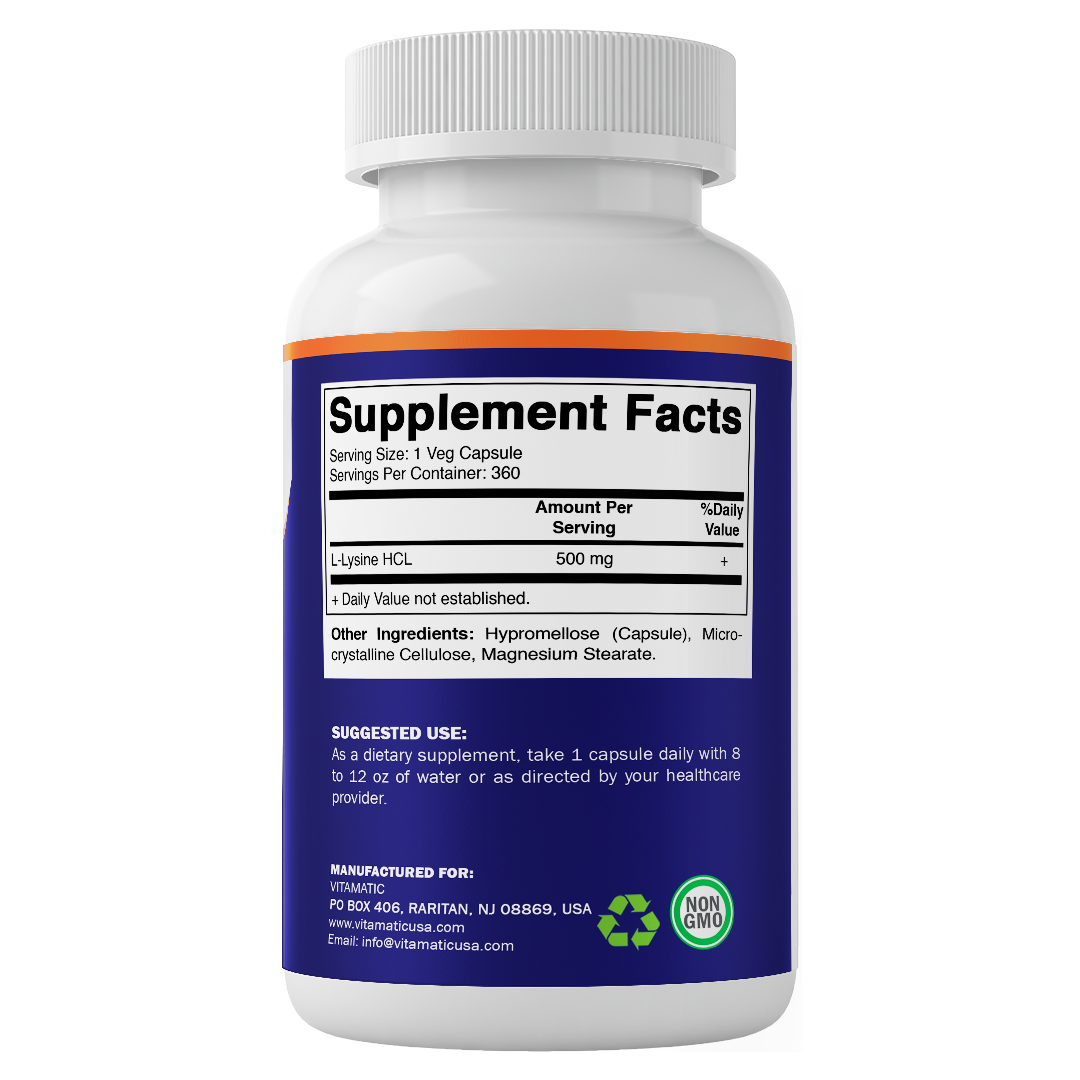 L-Lysine 500 mg, 360 Vegetarian Capsules – Essential Amino Acid Supplement