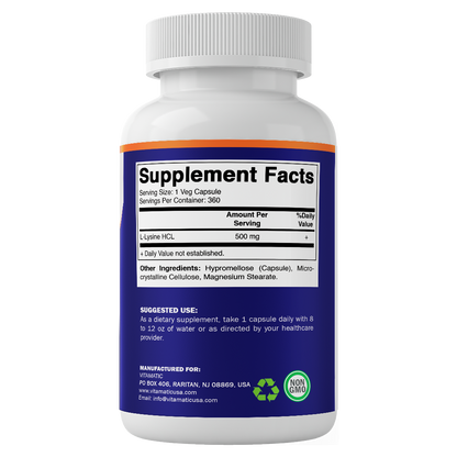 L-Lysine 500 mg, 360 Vegetarian Capsules – Essential Amino Acid Supplement