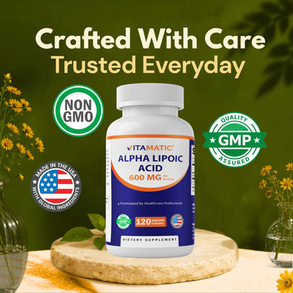 Vitamatic Alpha Lipoic Acid featuring Non-GMO ingredients, GMP Assured quality, and made in the USA with global ingredients.