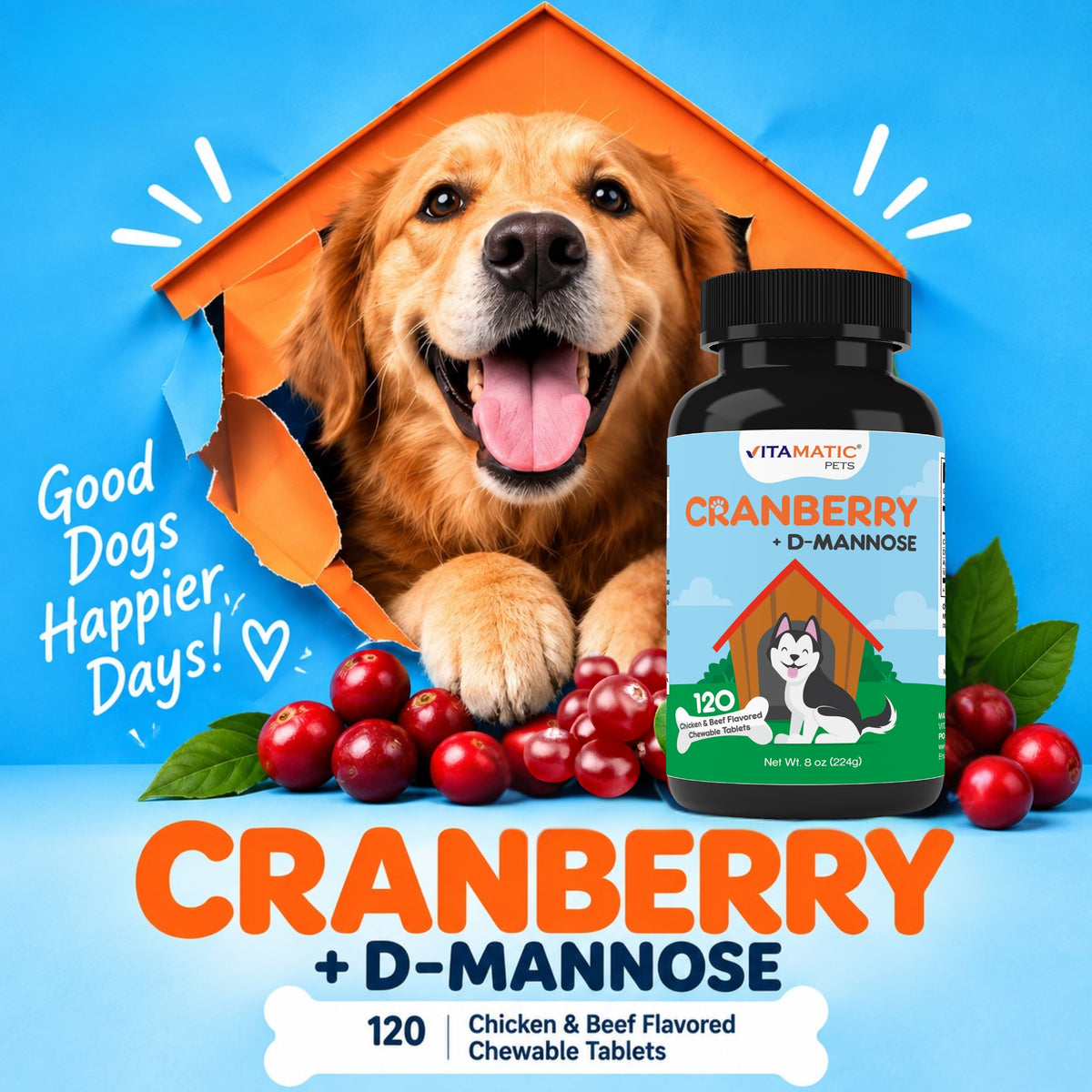 Vitamatic Cranberry for Dogs, 120 Chewable Tablets
