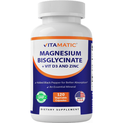 Vitamatic Magnesium (from Bisglycinate & Oxide) with Vitamin D3 & Zinc - 120 Veg Capsules