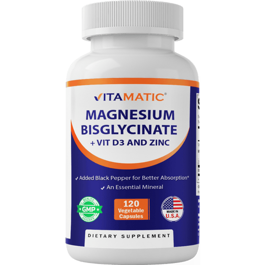 Vitamatic Magnesium (from Bisglycinate & Oxide) with Vitamin D3 & Zinc - 120 Veg Capsules