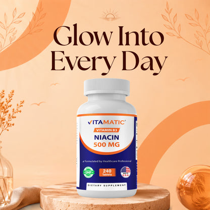Vitamatic Vitamin B3 Niacin 500 mg dietary supplement bottle on a warm wellness background with premium editorial styling.