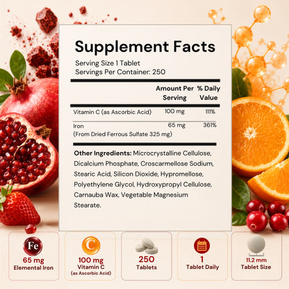 Vitamatic Ferrous Sulphate + Vitamin C, 250 Tablets