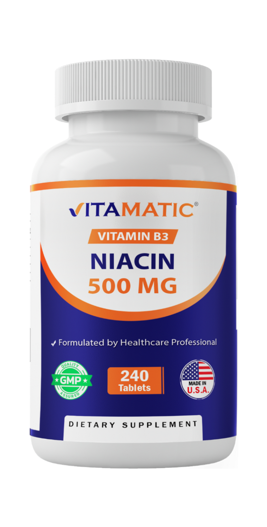 Vitamatic Vitamin B3 Niacin 500 mg dietary supplement with 240 tablets for daily wellness support.