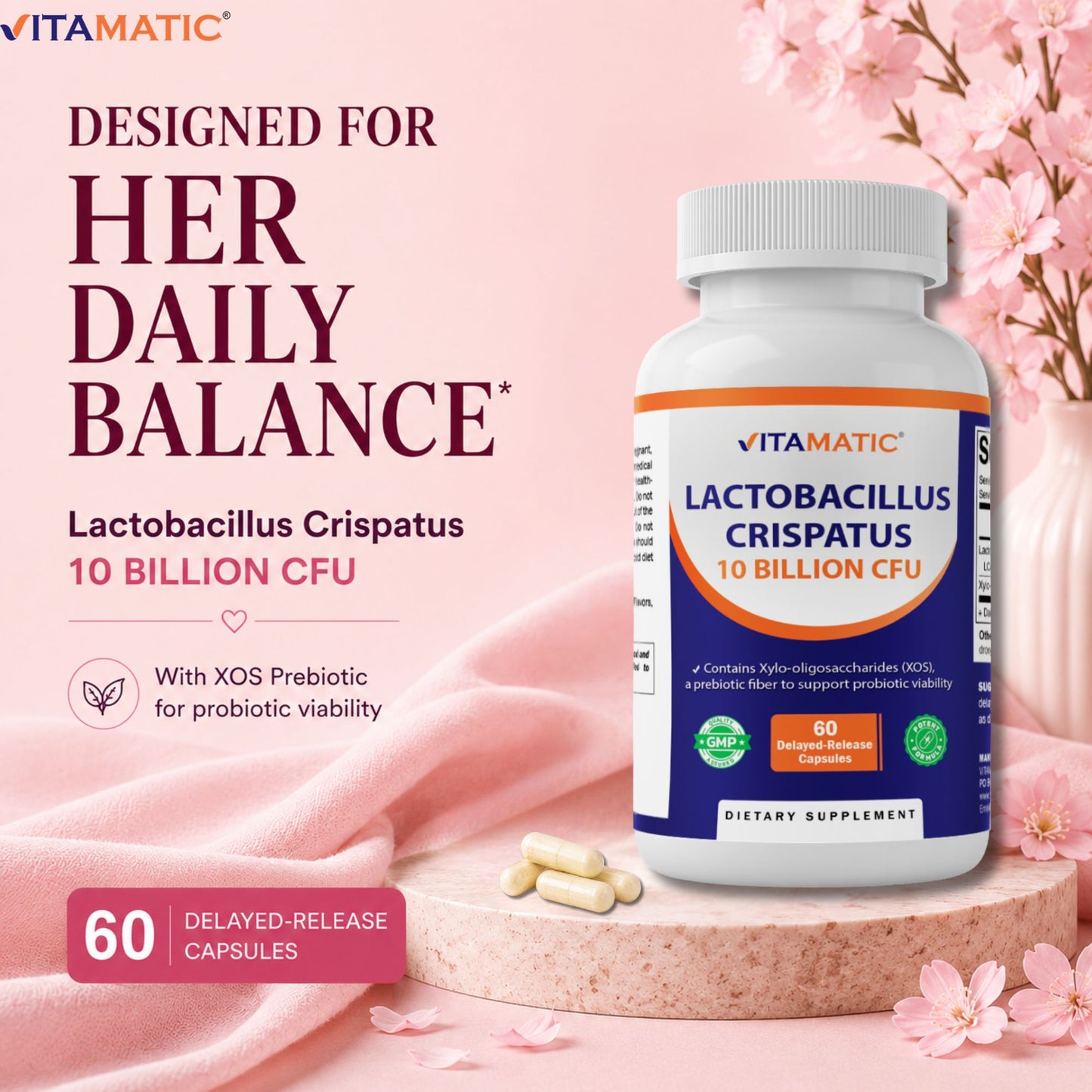 Vitamatic Lactobacillus Crispatus 10 Billion CFU with XOS Prebiotic - 60 Delayed Release Capsules