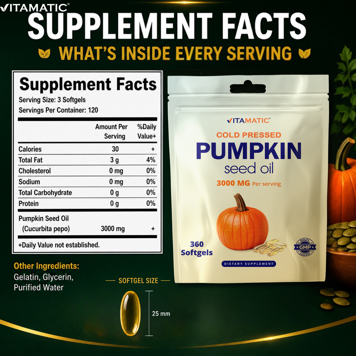 Vitamatic Pumpkin Seed Oil 3000 mg per Serving, 360 Softgels – Cold Pressed Supplement, Non-GMO, Gluten Free