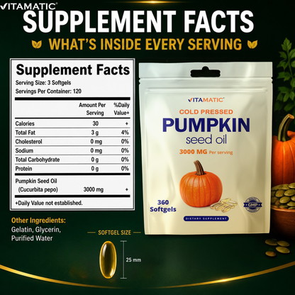 Vitamatic Pumpkin Seed Oil 3000 mg per Serving, 360 Softgels – Cold Pressed Supplement, Non-GMO, Gluten Free