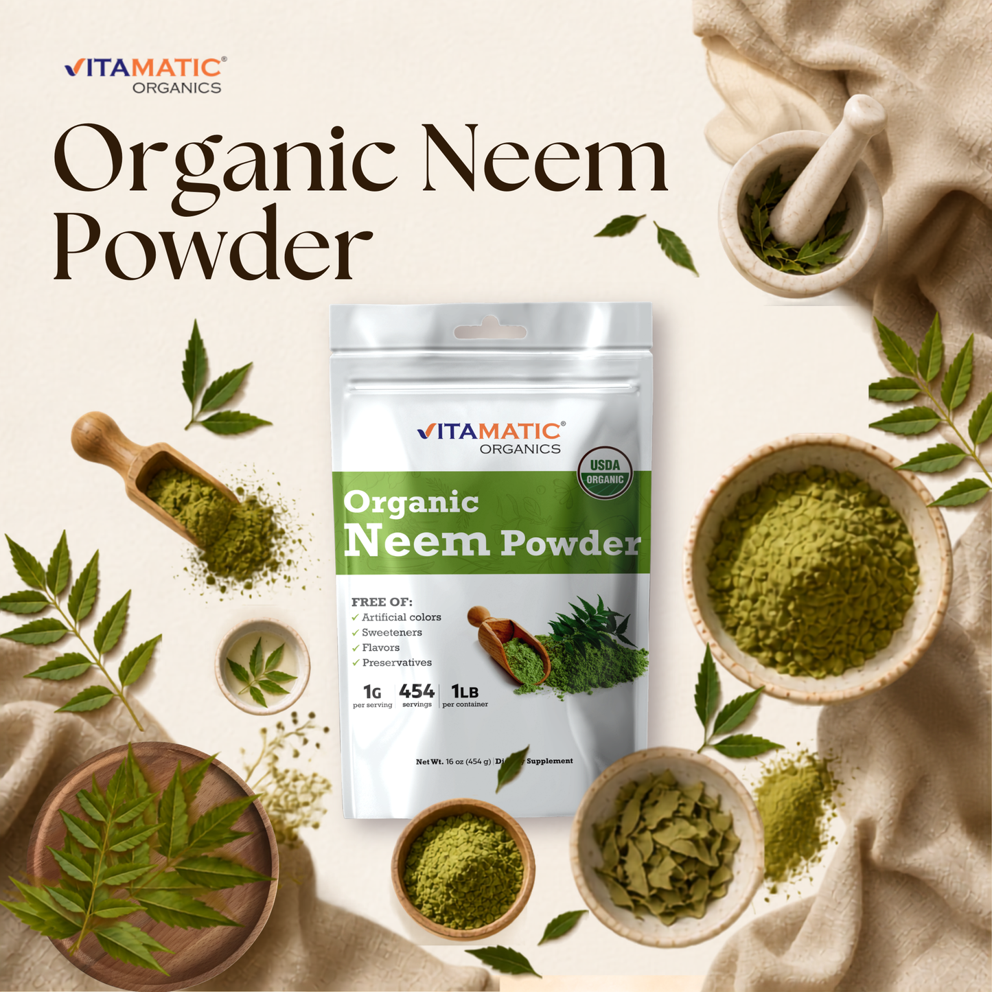 Vitamatic Organics USDA Organic Neem Powder in a resealable pouch with premium botanical styling and natural neem leaves.