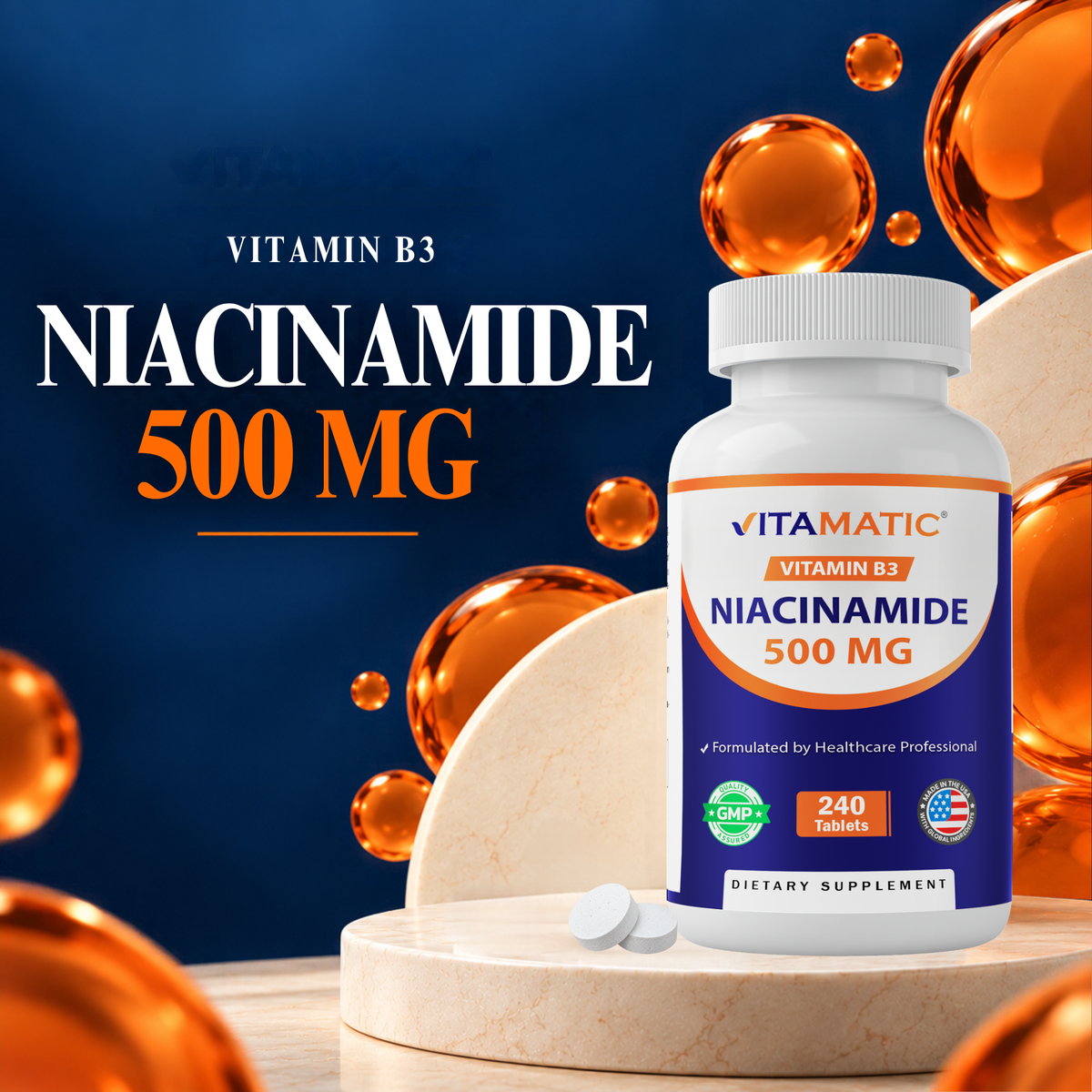 Vitamatic Niacinamide 500mg Vitamin B3, 240 Tablets