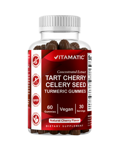 Vitamatic Tart Cherry (360 mg) with Celery Seed (30 mg) 10:1 Extract & Turmeric 20:1 Extract (10 mg) - (Per Serving/2 Gummies) - 60 Gummies