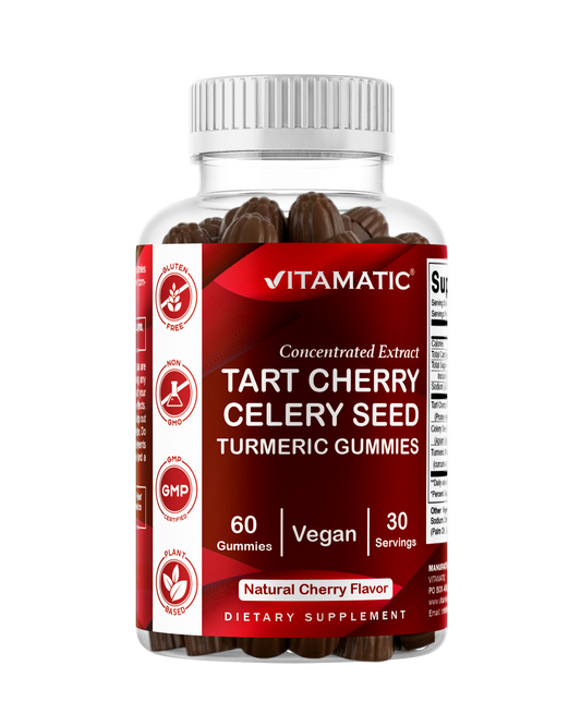 Vitamatic Tart Cherry (360 mg) with Celery Seed (30 mg) 10:1 Extract & Turmeric 20:1 Extract (10 mg) - (Per Serving/2 Gummies) - 60 Gummies
