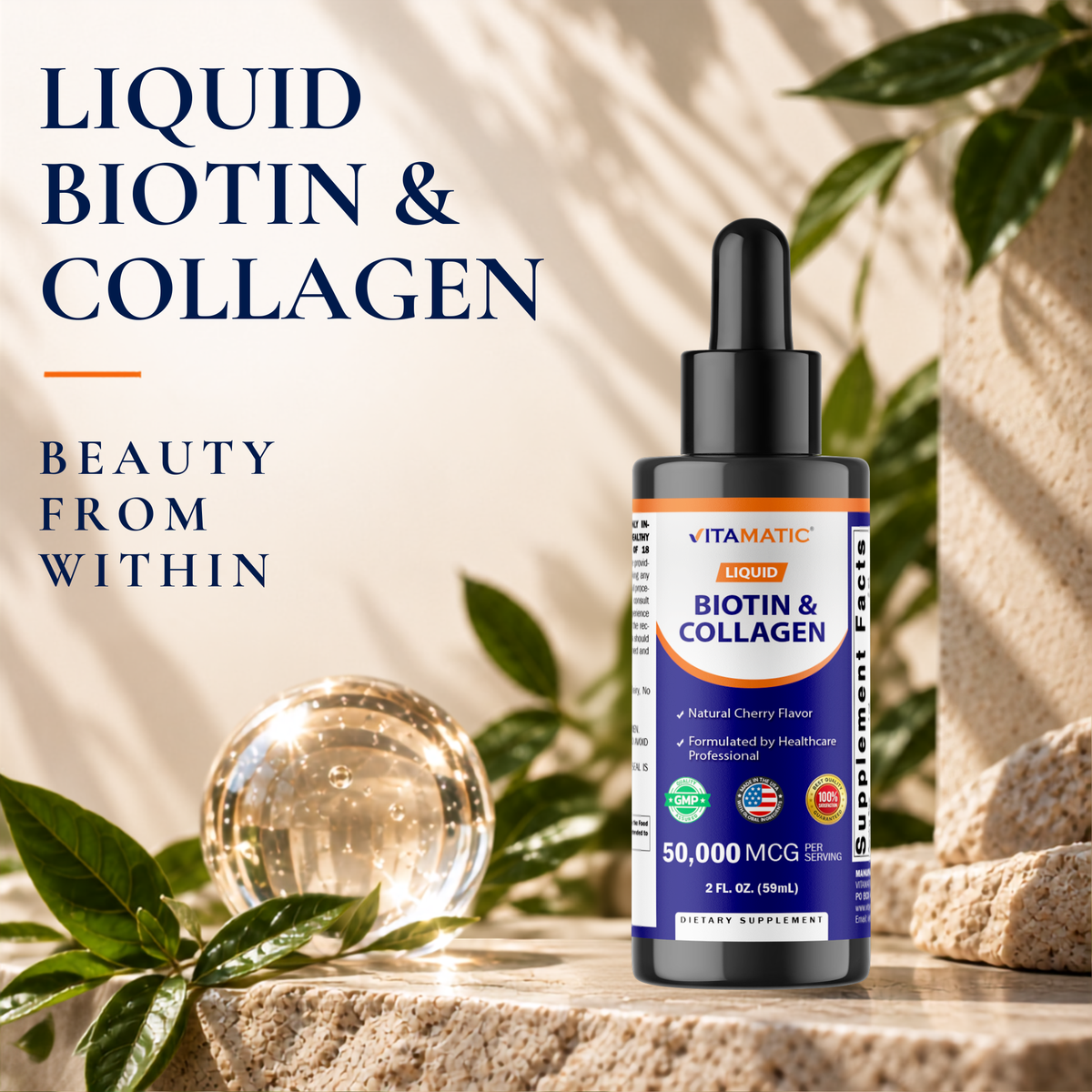 Vitamatic Liquid Biotin + Collagen for Hair Growth, 2 FL OZ