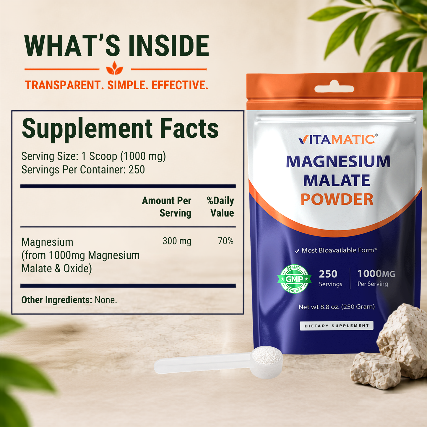 Vitamatic Magnesium Malate Powder 1000mg Per Serving, 250g Pouch