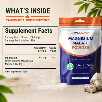 Vitamatic Magnesium Malate Powder 1000mg Per Serving, 250g Pouch