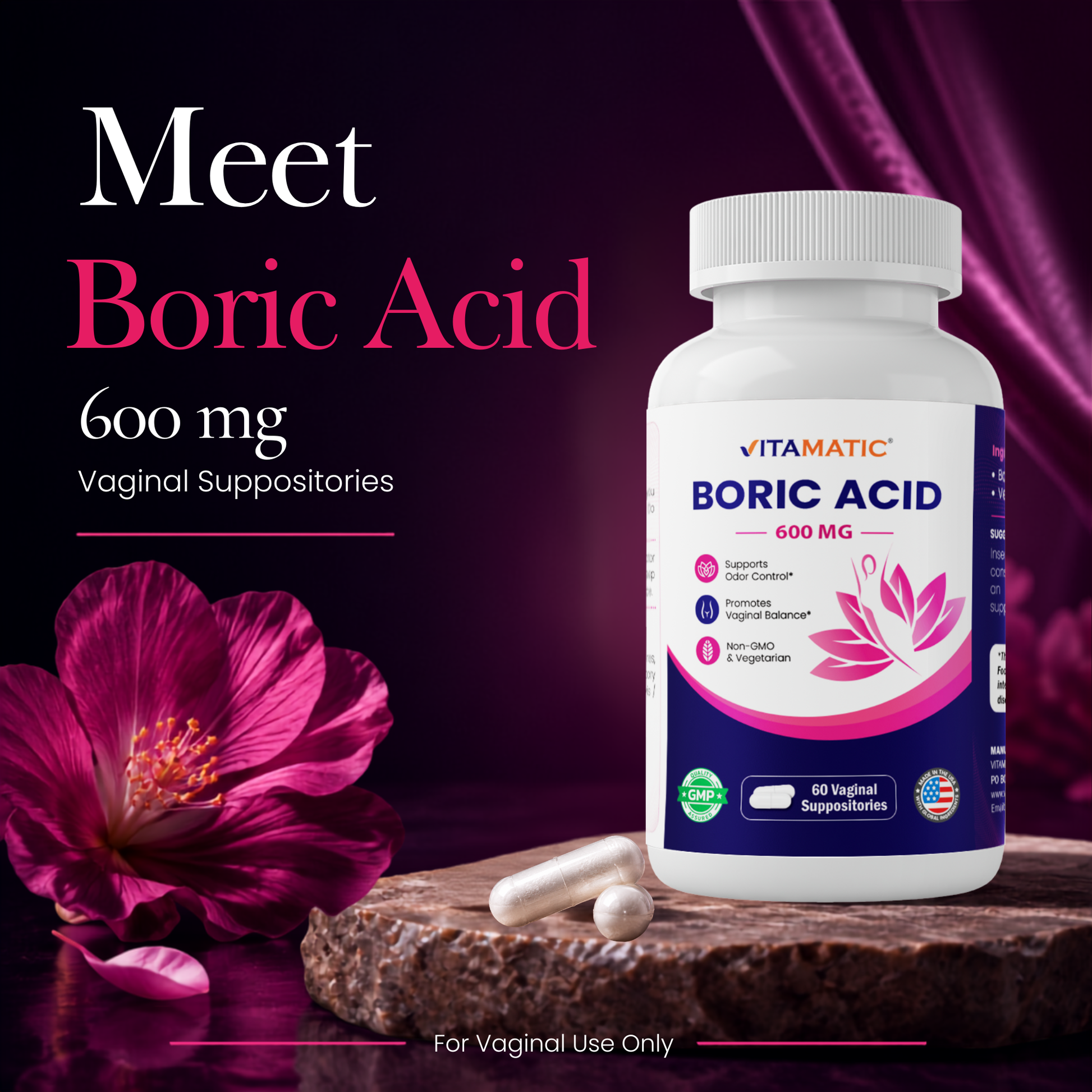 Vitamatic Boric Acid 600 mg – 60 Vaginal Suppositories for Feminine Care