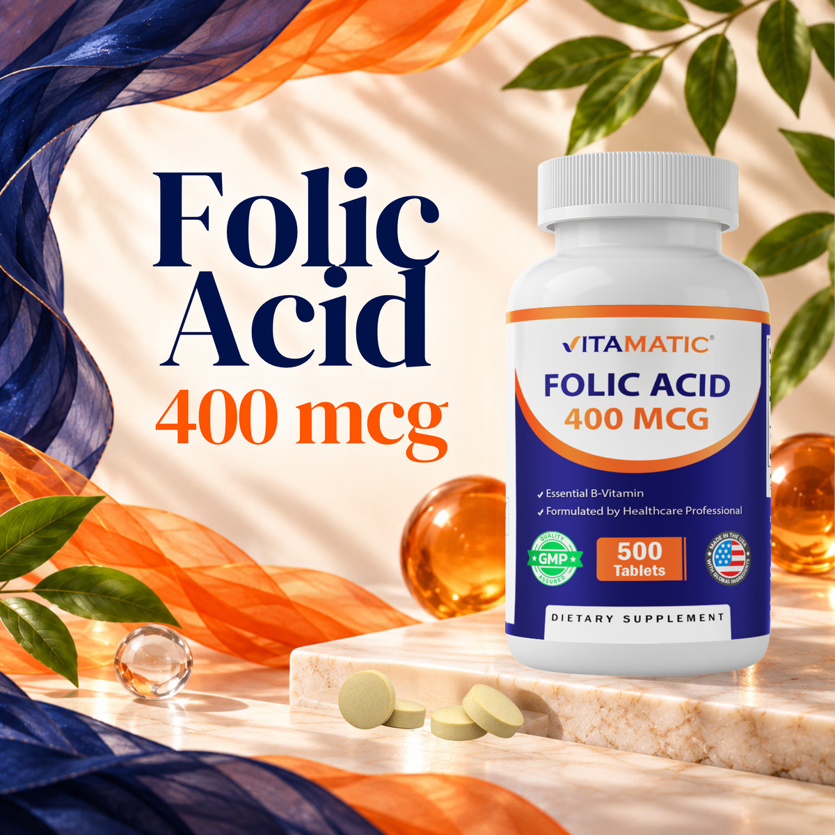 Vitamatic Folic Acid 400 mcg Supplement, 500 Veg Tablets