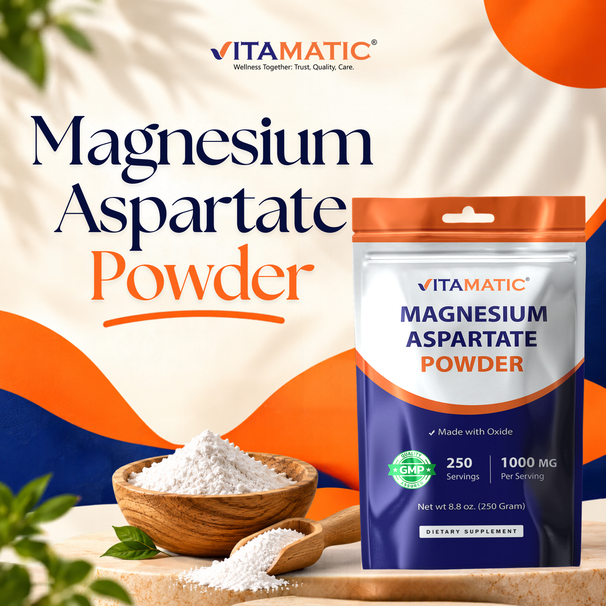 Magnesium Aspartate Powder 1000 mg Per Serving, 250g Pouch