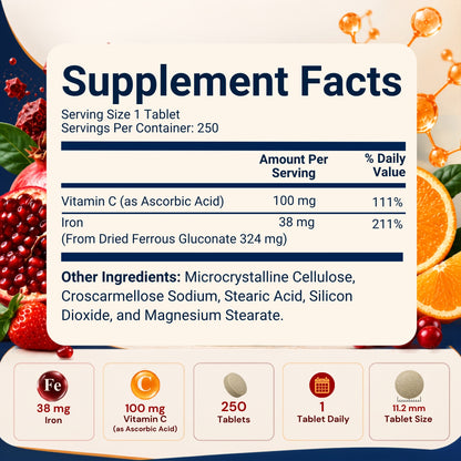 Vitamatic Ferrous Gluconate 324mg + Vitamin C, 250 Tablets