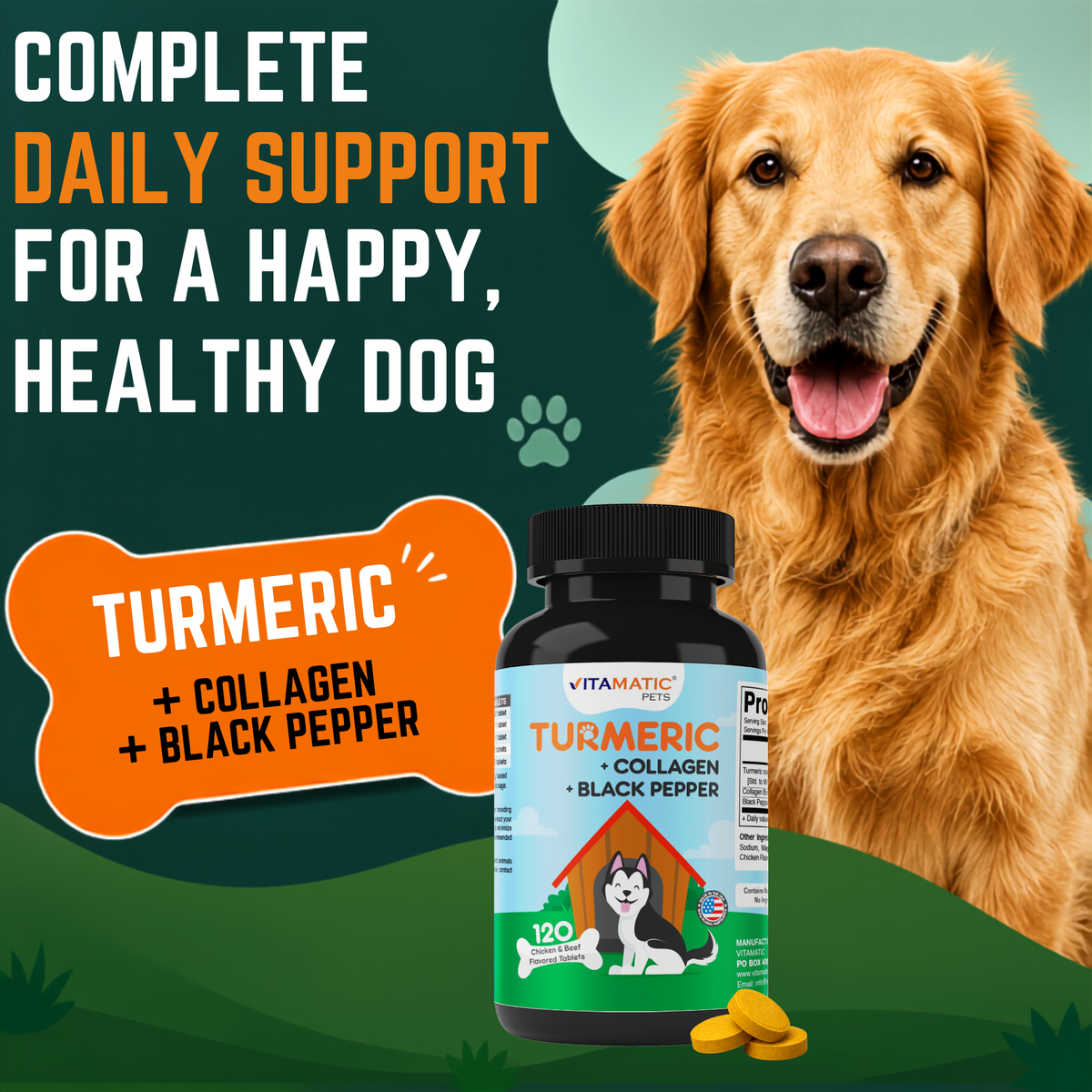 Turmeric+Collagen+Black Pepper for Dogs, 120 Tablets