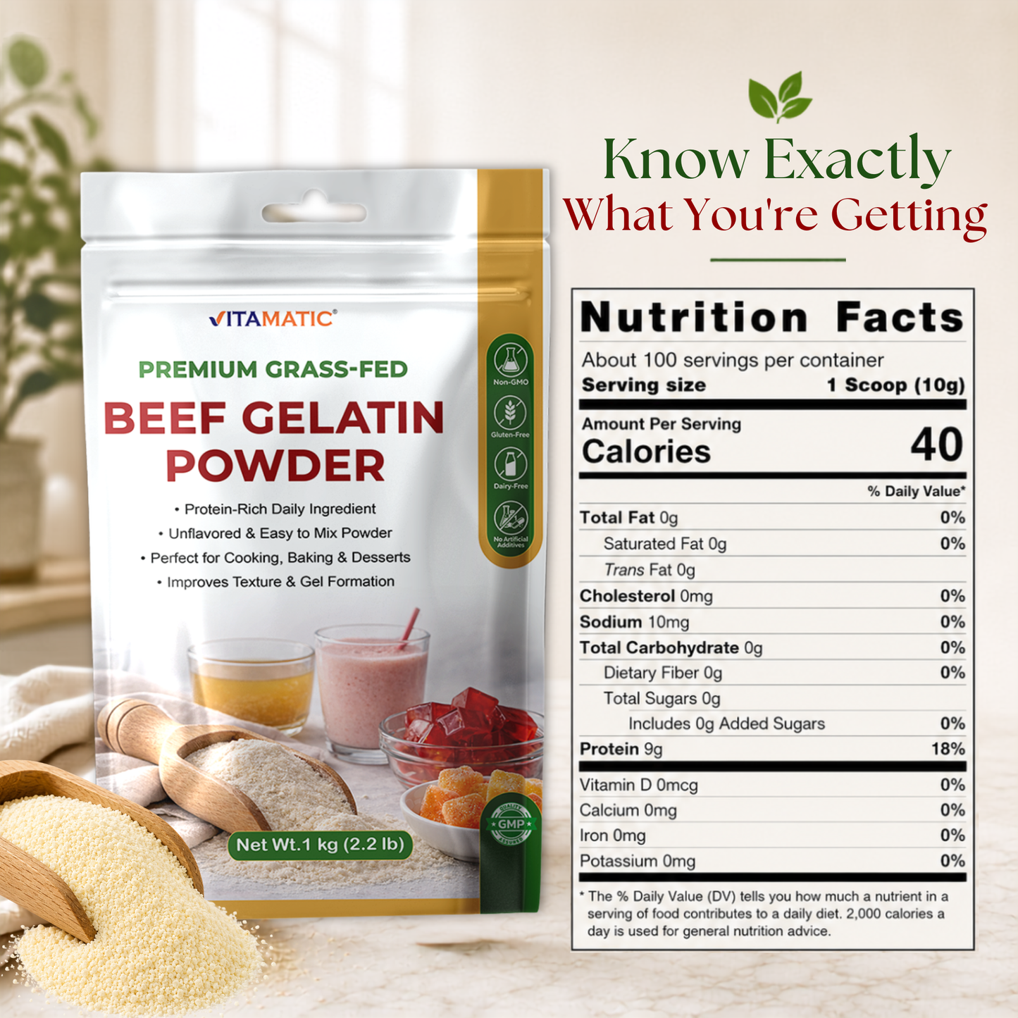 Vitamatic Grass-Fed Beef Gelatin Powder, 1 kg (2.2 lb)