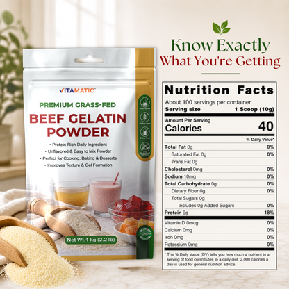 Vitamatic Grass-Fed Beef Gelatin Powder, 1 kg (2.2 lb)