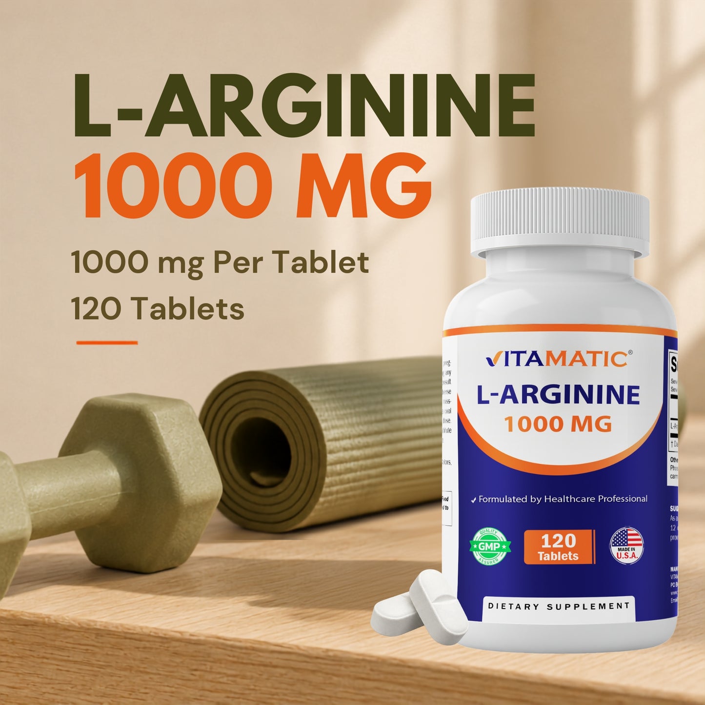 Vitamatic L-Arginine 1000 mg Tablets – 120 Count – Amino Acid Supplement