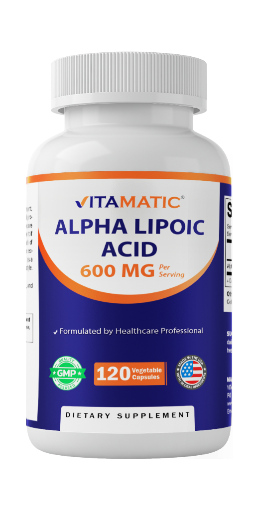 Front label of Vitamatic Alpha Lipoic Acid 600 mg dietary supplement with 120 vegetable capsules.