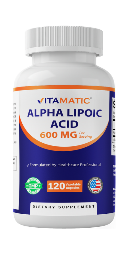 Front label of Vitamatic Alpha Lipoic Acid 600 mg dietary supplement with 120 vegetable capsules.