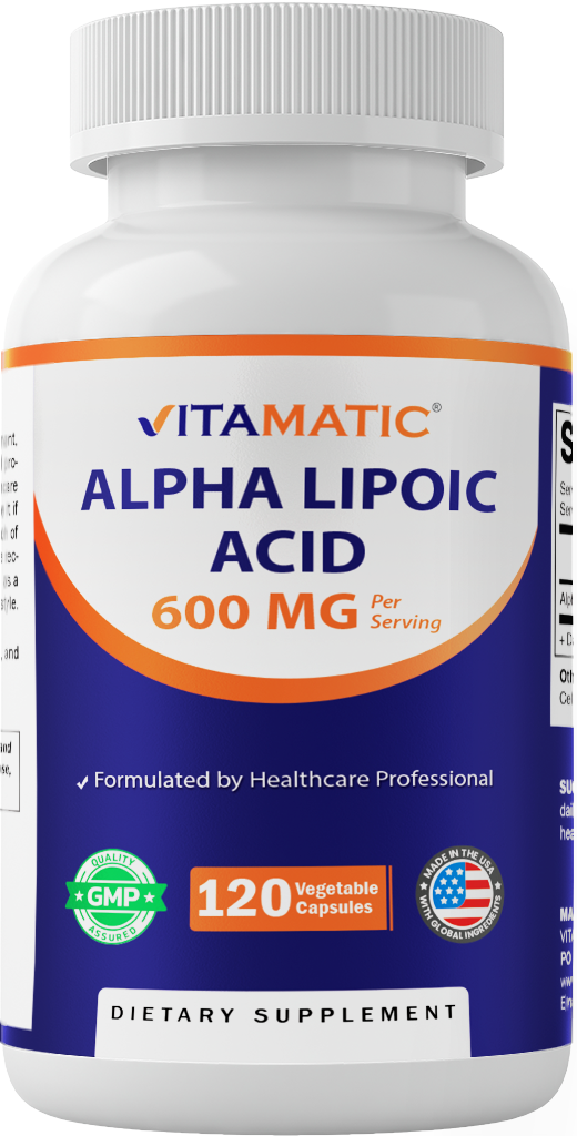 Front label of Vitamatic Alpha Lipoic Acid 600 mg dietary supplement with 120 vegetable capsules.