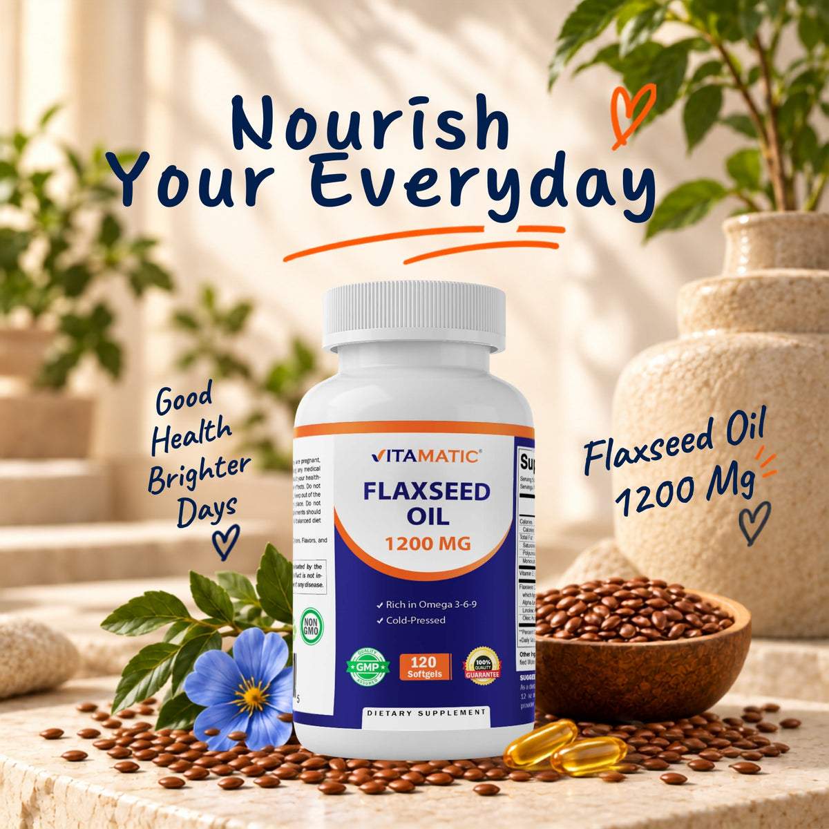 Flaxseed Oil 1200mg Supplement, 120 Softgels